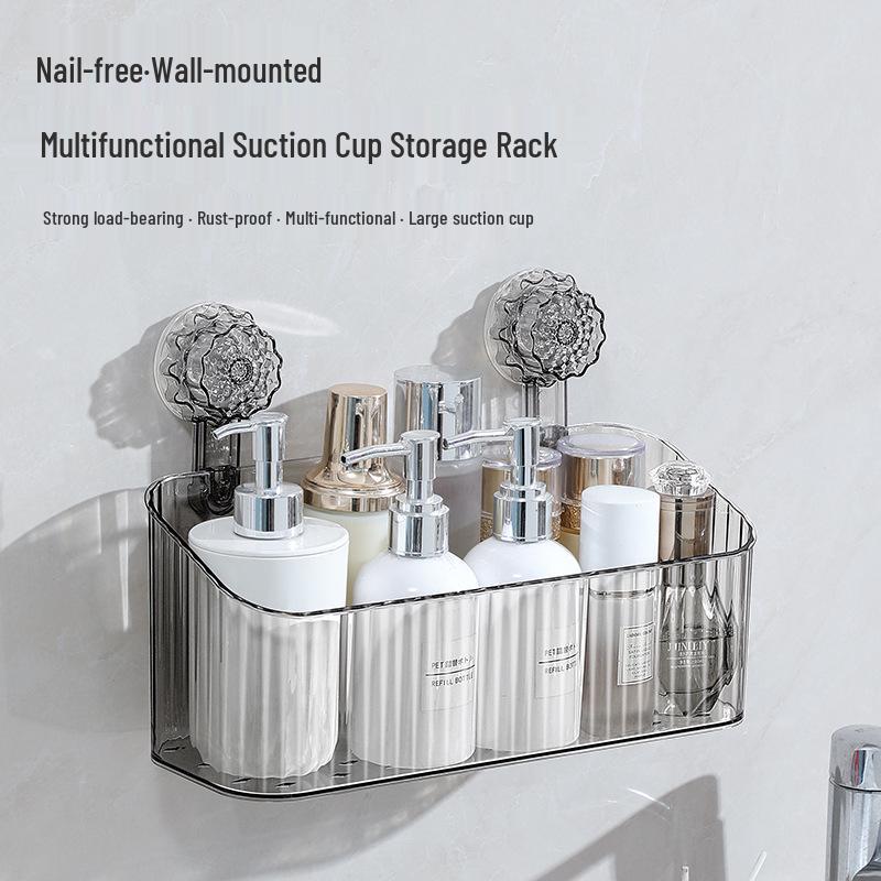 PET Suction Cup No-Drill Wall Mount Bathroom Storage Rack for Cosmetics
