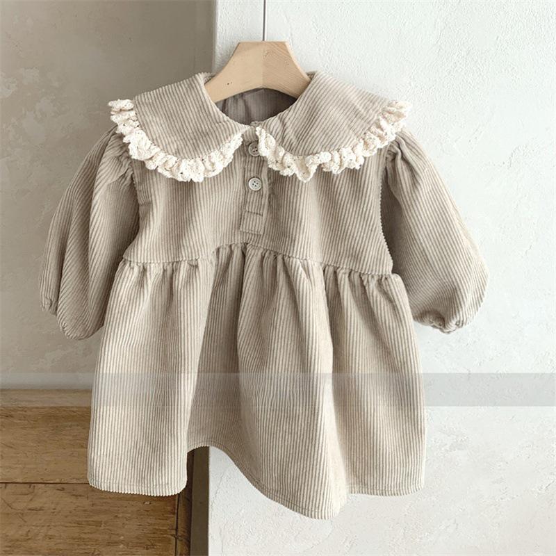 Girls' Korean Corduroy Princess Dress with Lace Lapel and Long Sleeves for Autumn/Winter