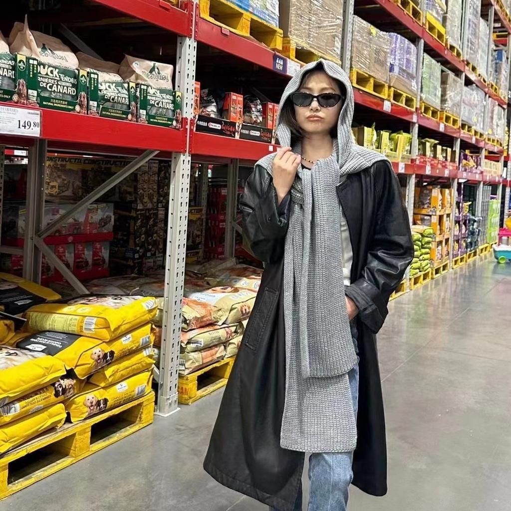 Knitted striped hooded shawl Korean autumn and winter new hat, scarf integrated outer with windproof and warm hood