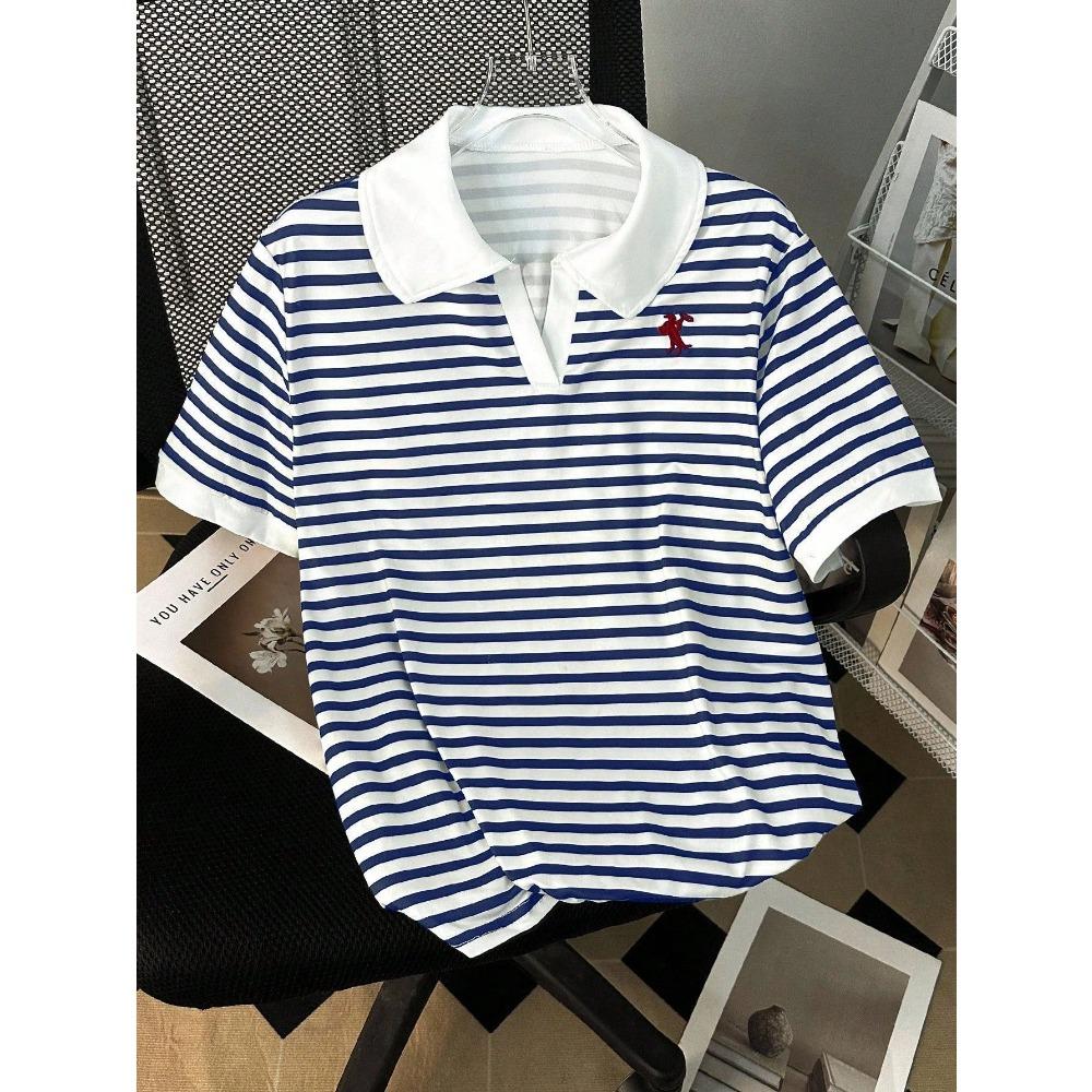 T-shirt a maniche corte con colletto a righe da donna, Nuova versione coreana estiva ampia, Camicia da donna versatile snellente come top