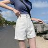 Women's High Waist A-Line Denim Shorts - Summer Straight Leg, Double Button, Loose Fit with Rolled Hem, Trendy Wide Leg Design