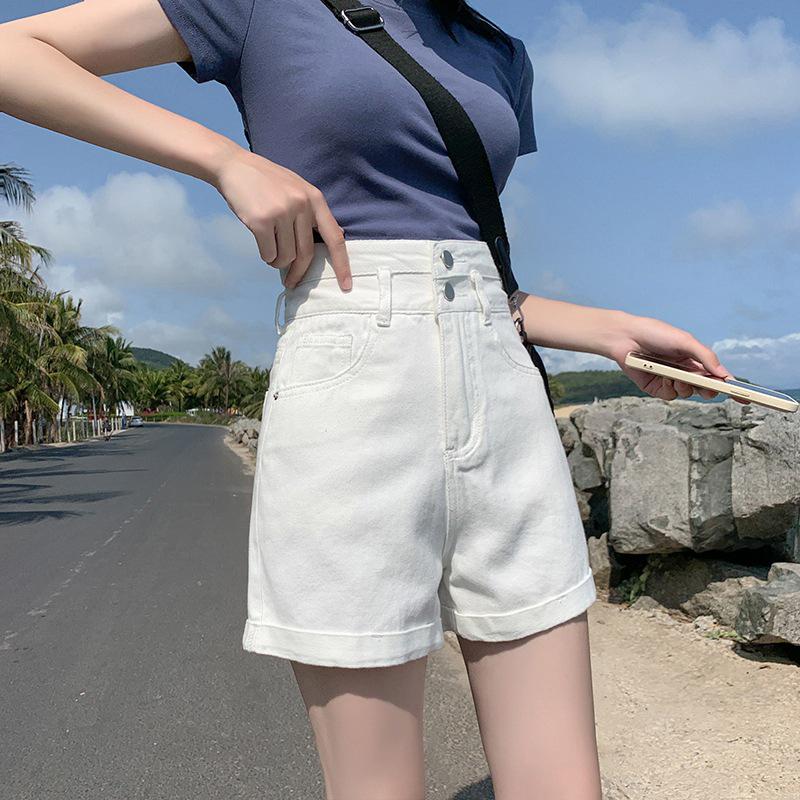 Women's High Waist A-Line Denim Shorts - Summer Straight Leg, Double Button, Loose Fit with Rolled Hem, Trendy Wide Leg Design