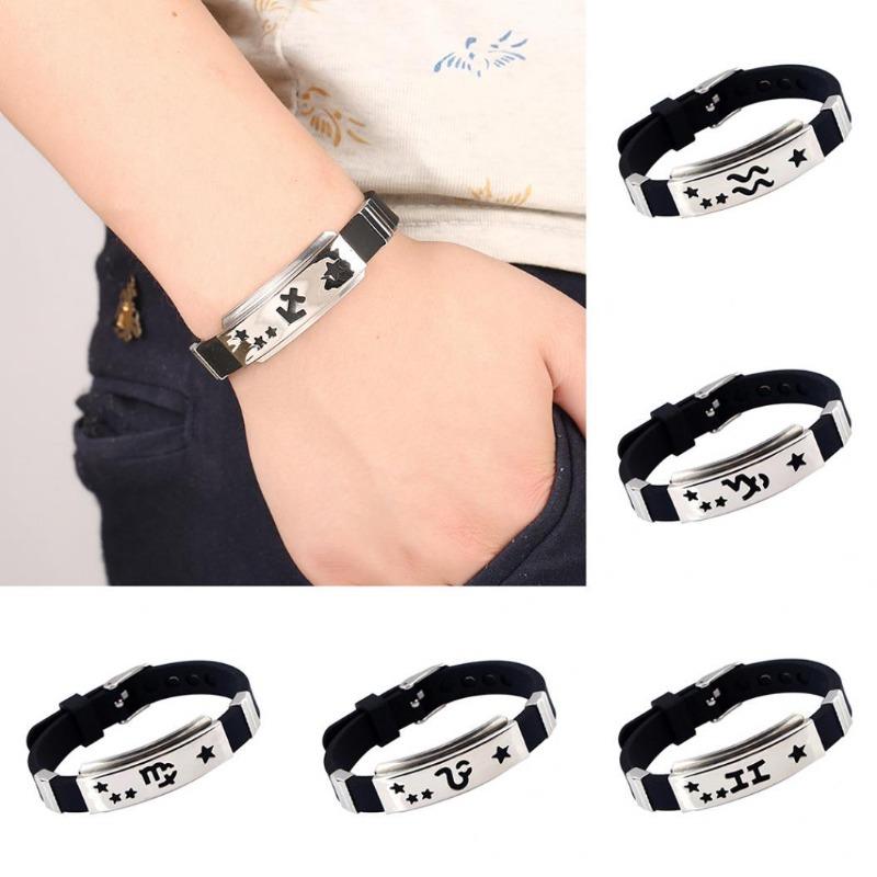 Herren-Horoskop-Armband aus Edelstahl mit Silikon-Armband und Verschluss