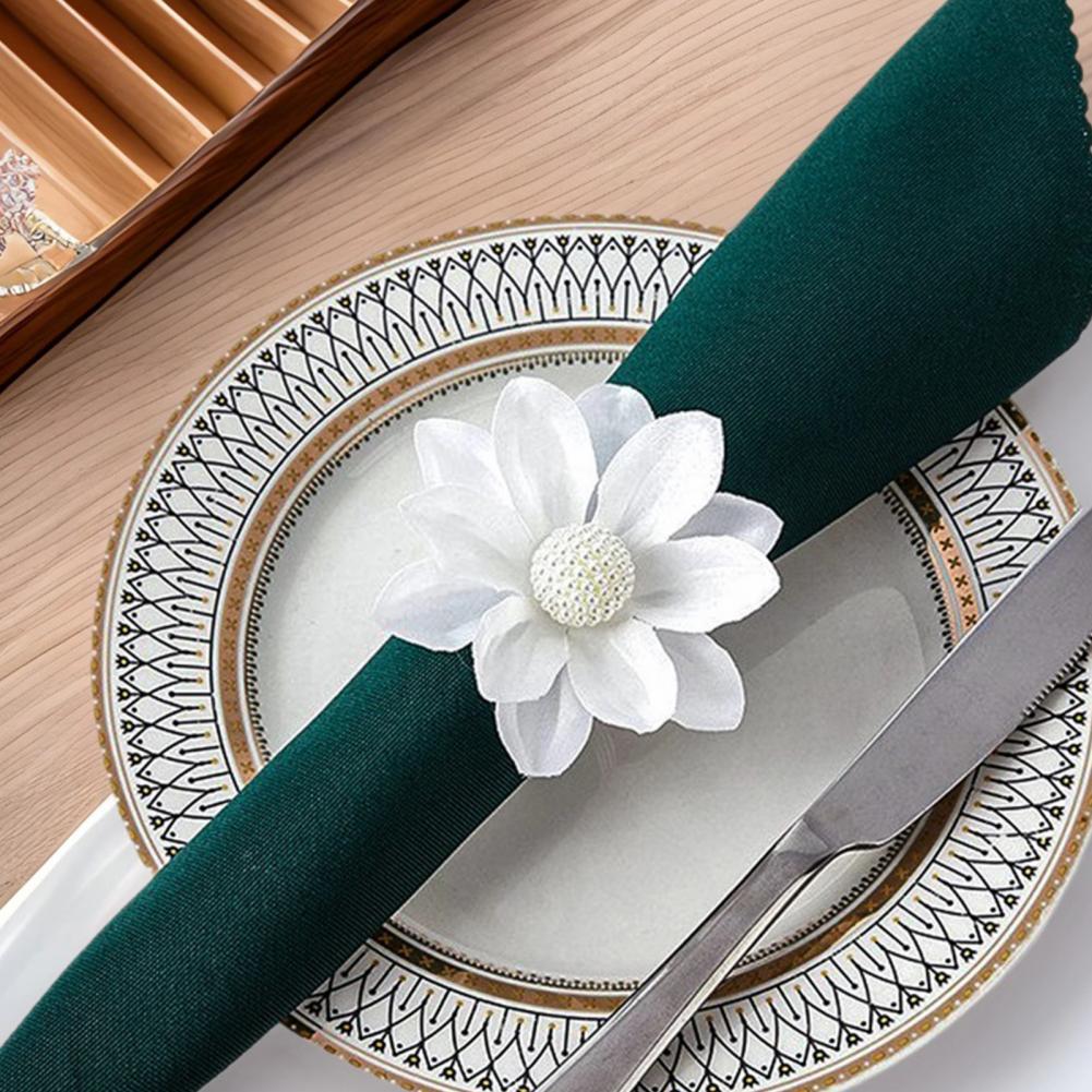 6Pcs White Lotus Napkin Rings, Chiffon Flower Metal Ring Holders, Faux Pearl Design For Wedding Bridal Shower Table Decor