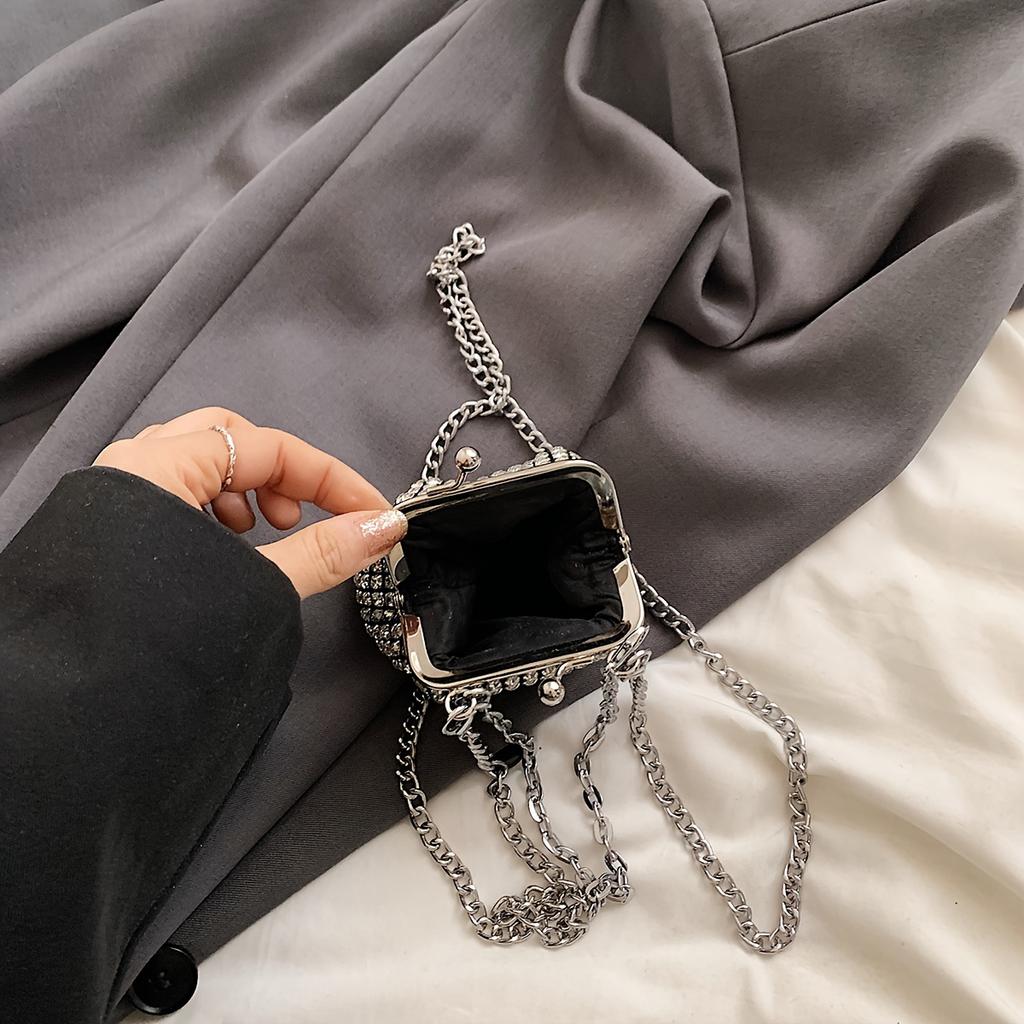 Trendy Mini Rhinestone Kiss Lock Crossbody Bag For Girls Cute Punk Evening Shoulder Purse With Detachable Metal Chain Strap Ideal For Parties Outings