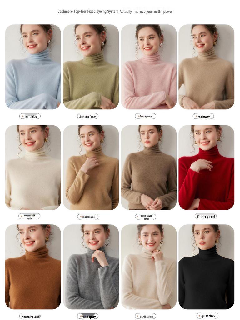 Women's High-Neck Cashmere Sweater - Solid Color, Slouchy, Winter Base Layer