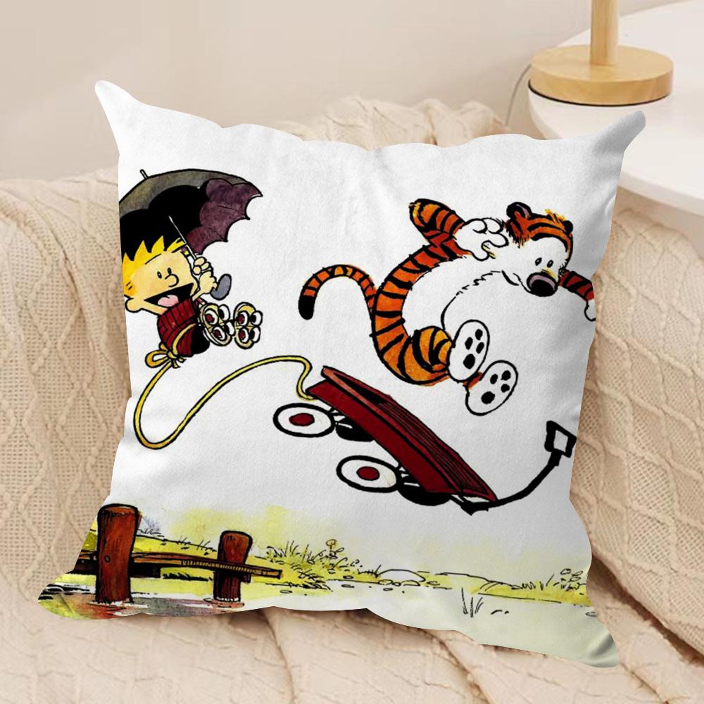 C-Calvin and H-Hobbes Cushion Cover Silky Short Plush Double-Sided Printed Pillow Case for Sofa All Seasons Home Decor Gift
