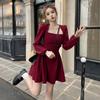 Micro Square Neck Long Sleeve Dress Spring and Autumn Large Size Women's Clothing Retro Waist Thin a Word Short Skirt