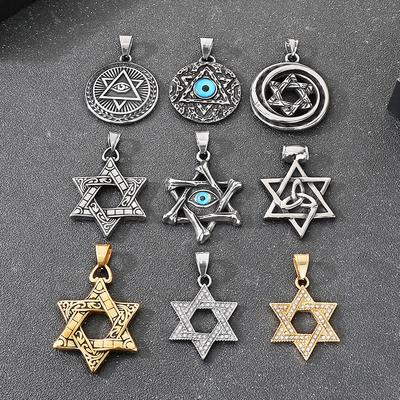 Stainless Steel Hexagram Pendant Necklace Men's Vintage Hollow Out Charms Accessories Zirconia Star Sweater Chain Jewelry