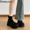 Vintage Platform Silná Podrážka Dámské Kotníkové Boty Pohodlné Kulatá Špička Společenské Boty Podzim Zima Štíhlé Zvýšení Výšky Krátké Boty