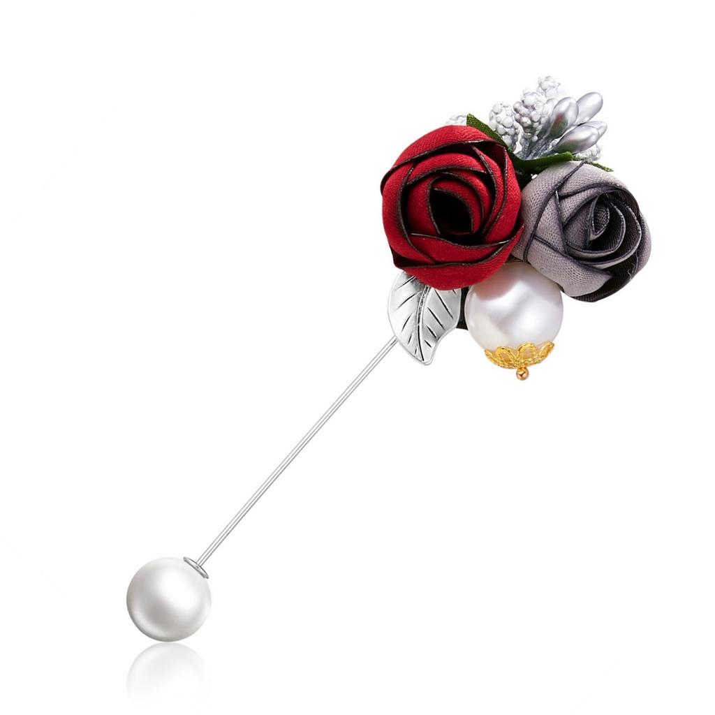 Romantic Cloth Art Fabric Rose Flower Long Needle Brooches For Women Men  Double Floral Imitation Pearl Pins Suit Jewelry