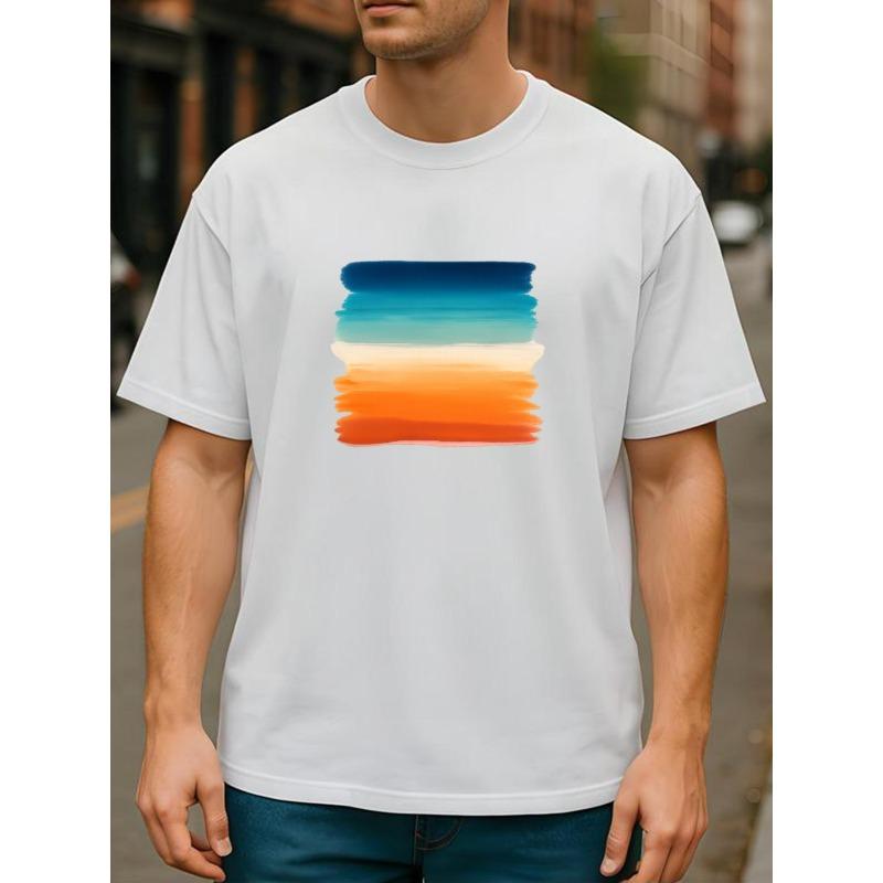 European sizes Retro-style Gradient Color Blocks, Patterned Printed Round-neck T-shirt, Street Trend Casual Versatile Top