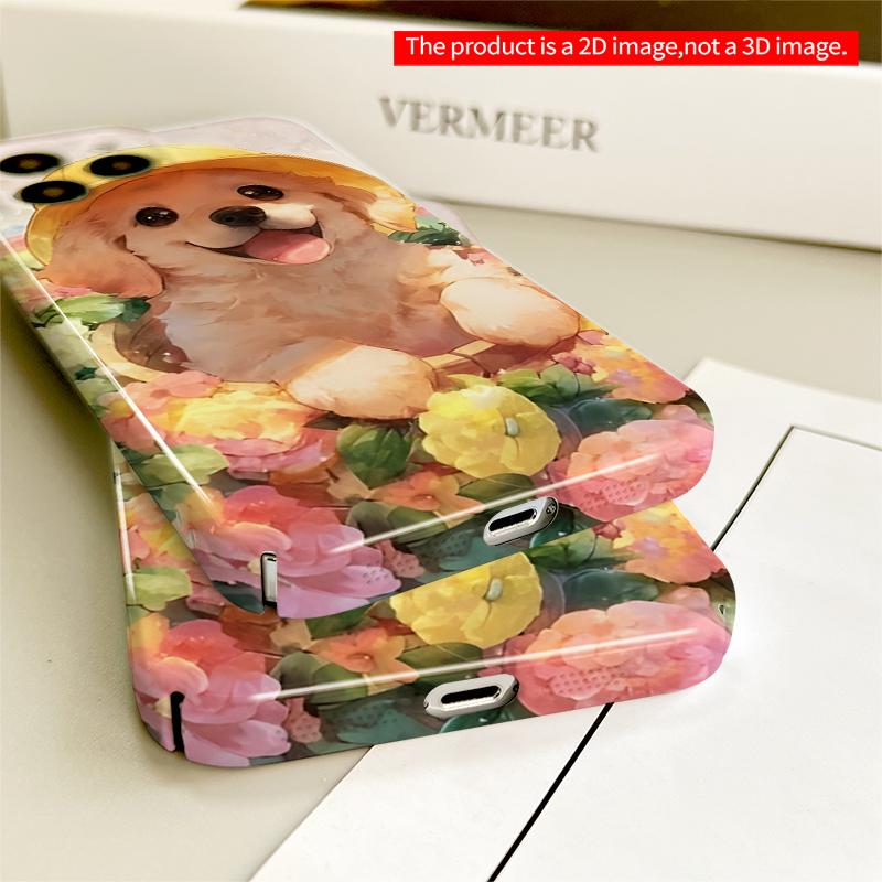2DFlat Happy Puppy In Yellow Hat Amid Flowers All Inclusive Film Hard iPhone Case, Compatible with iPhone 18 Pro Max 17 16 15 14 13 12 11