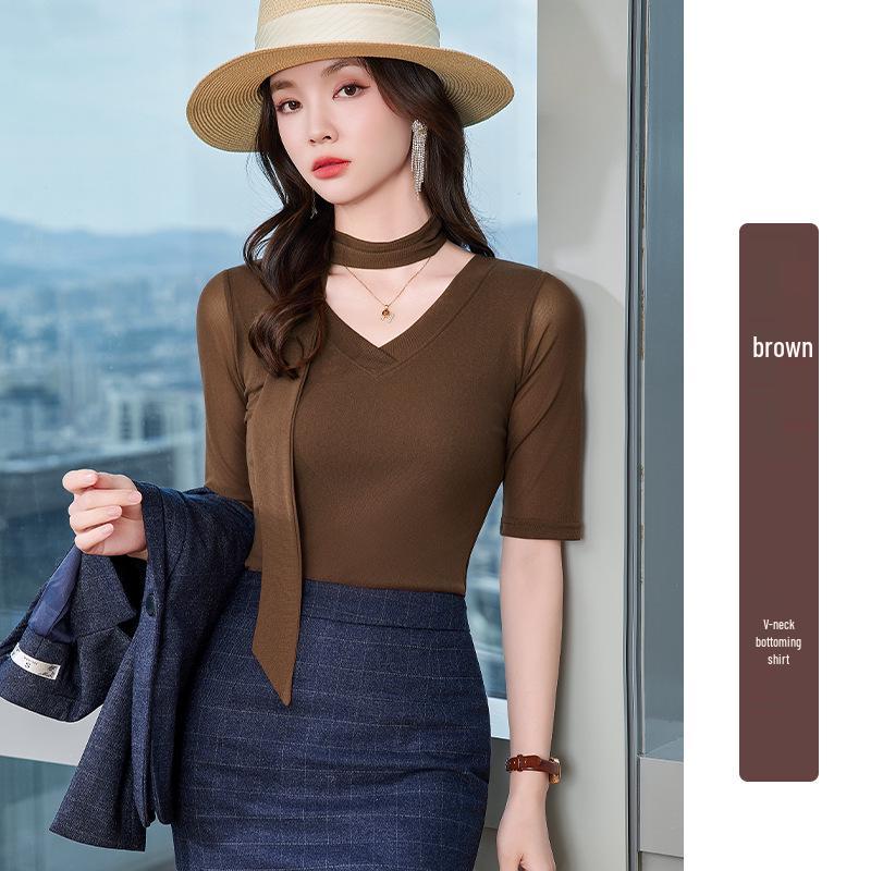 

Women s Slim Fit V-Neck Mesh Base Layer Blouse - Solid Color Long Sleeve Top Medium