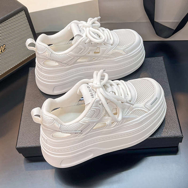 Little White Shoes Women's 2025 Summer New Thick-soled Hollow Shoes Small Man Height Increase Mesh Breathable Casual Versatile Board Shoes