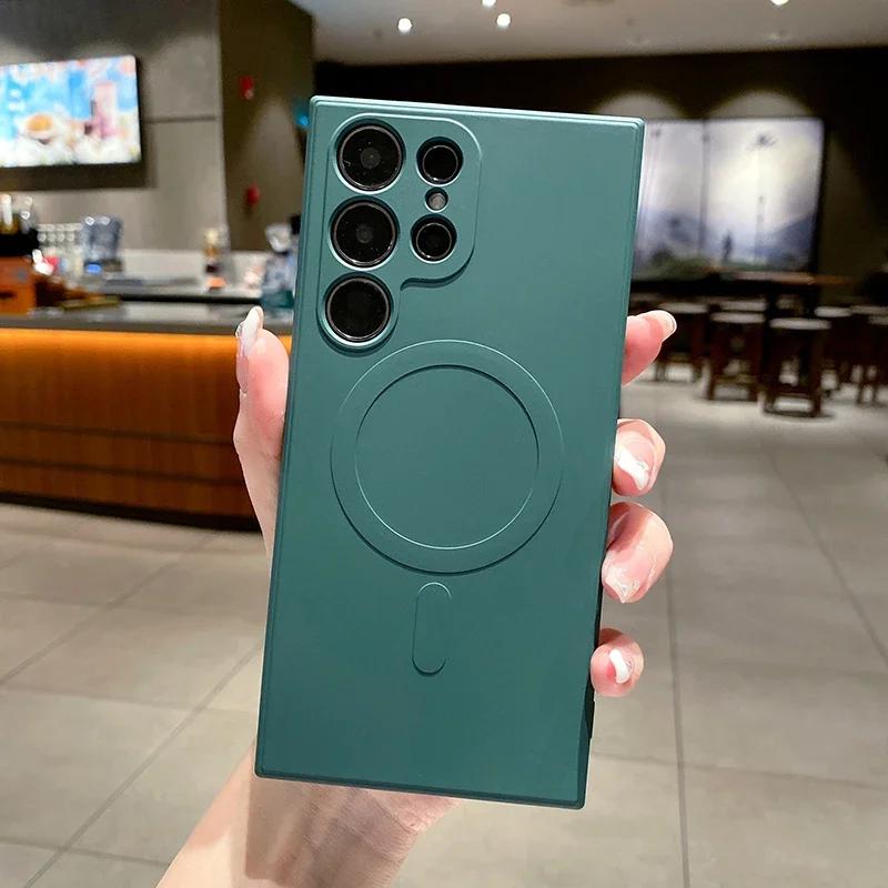 Original Liquid Silicone For Magsafe Magnetic Wireless Charge Case For Samsung S25 S24 S23 S22 Ultra Plus Square Protector Cover