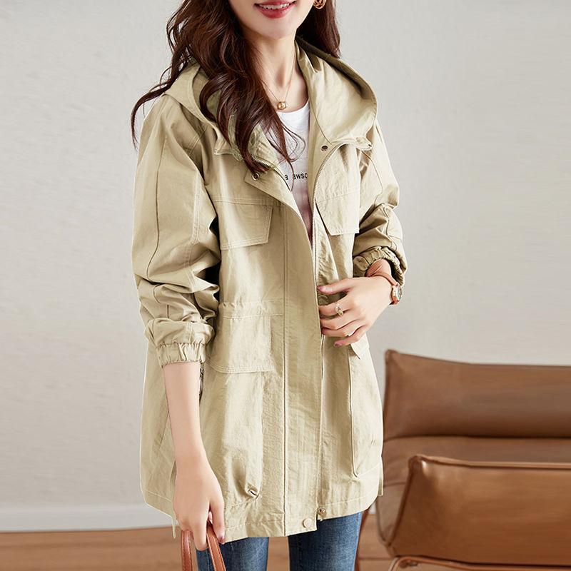 Mode Frühling Herbst Modische Plus Größe Frauen Mittlere Länge Windjacke Mantel Mit Kapuze Casual Weich Blau Schwarz Khaki