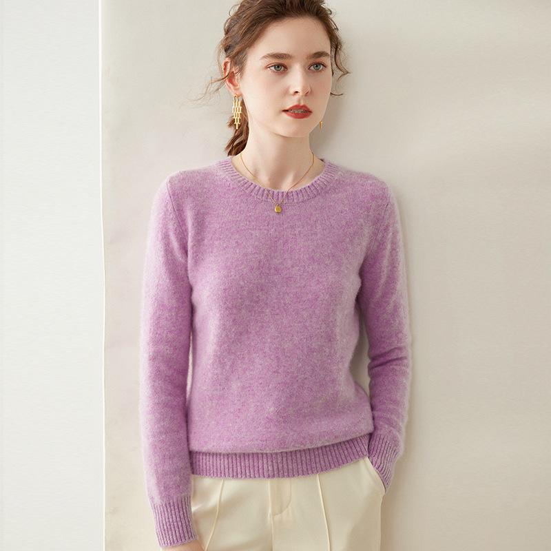 2024 Autumn/Winter Women's Round Neck Cashmere Sweater - Solid Color, Double Ply, Thick Knit Base Layer