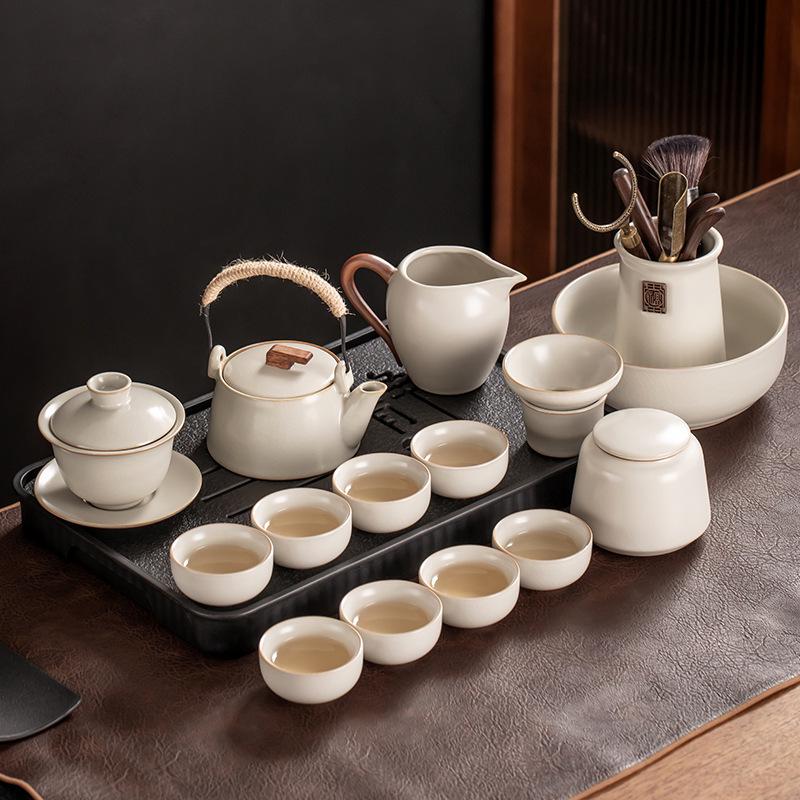 High-End Ru Kiln Ceramic Kung Fu Tea Set - Luxury Gaiwan Teapot, Tray, and Cups for Home.