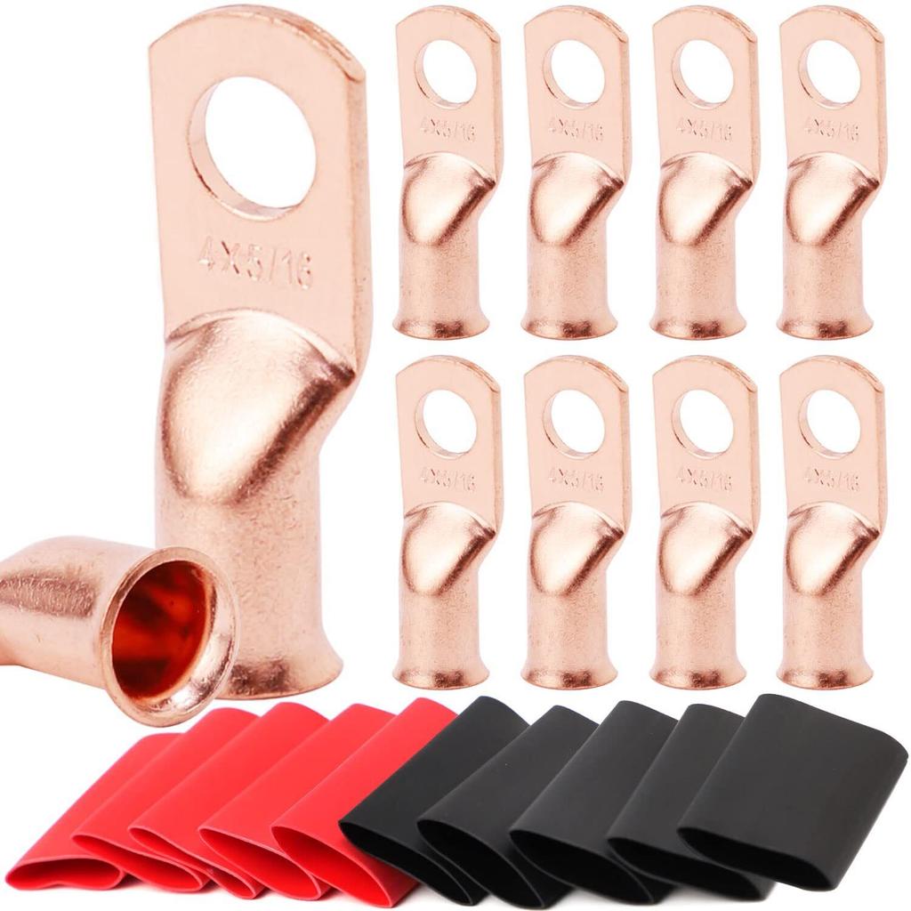 20pcs Copper Terminal Connectors, AWG 1/0 2/0 2 4 6 8 Ring Lug Kit With Shrink Tubing & Battery Cable Lugs