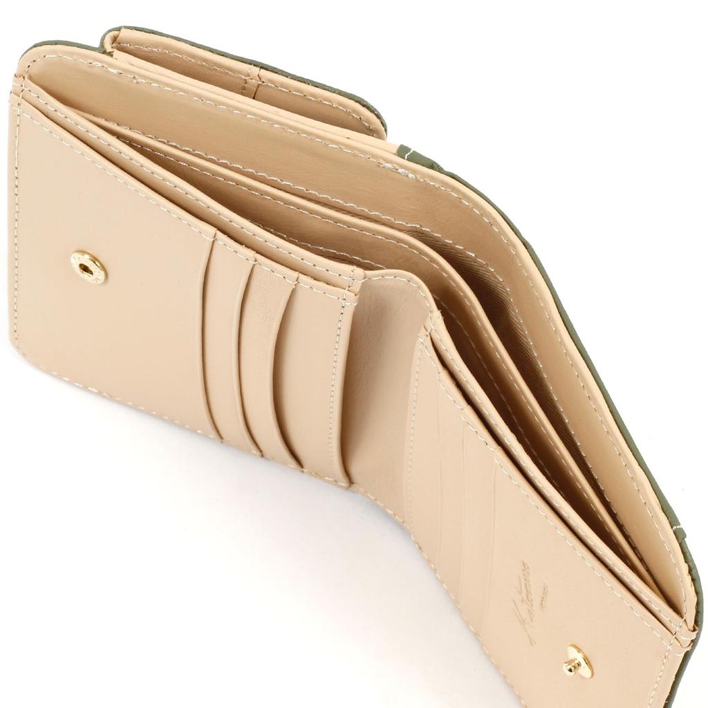 Kitamura Leather Bifold with a Unique Texture of Natural Materials Women's Wallet, PH0539, Khaki/Ivory Stitching, Green, 33915,