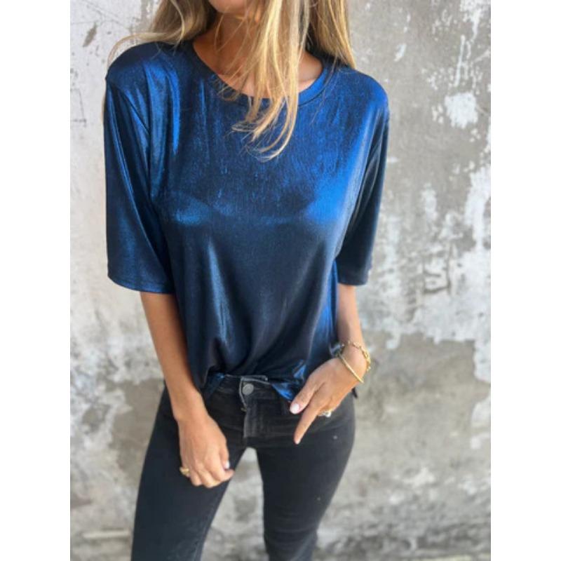 YYFS Damenmode, lässig, Sommer, Frühling, einfarbig, bedruckt, kurzärmelig, O-Ausschnitt, Blusen und Hemden