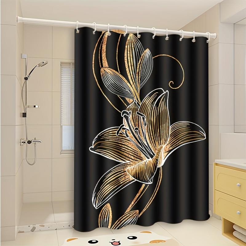 Cortina de Chuveiro Lírio Dourado Fundo Preto Design Floral Luxuoso Decoração de Banheiro Elegante Tecido Impermeável Conjunto de Cortinas de Banho Casa