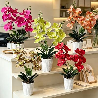 Orquídea Mariposa Simulada de Múltiples Flores Maceta Blanca Plantas Artificiales Falsas Decoración del Hogar