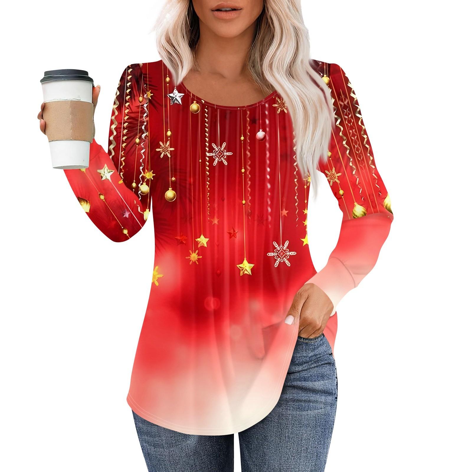 

Рубашки с длинным рукавом для женщин, топы, нарядные повседневные блузки с рождественским принтом, плиссированные туники с круглым вырезом XXL киноварь