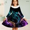 Girls Furry Collar Long Sleeve Galaxy Printed A Line Flared Dress