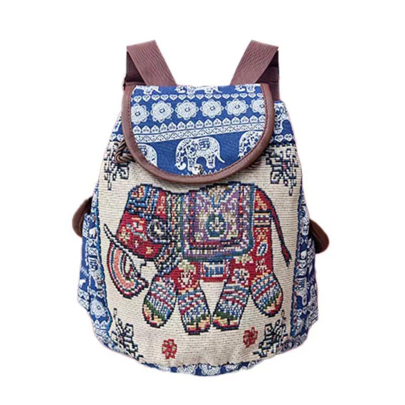 

Fashion Ethnic Style Embroidery Knapsack Casual Canvas Animal Drawstring Backbag Jacquard Elephant Owl Bucket Back Bag Beach 28cmx24cmx12cm