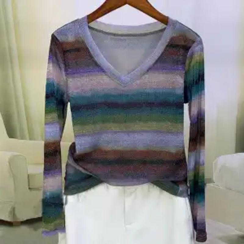 Свитер с длинным рукавом и V-образным вырезом Простой корейский стиль Облегающий Сетчатый Осенний Новый модный топ L