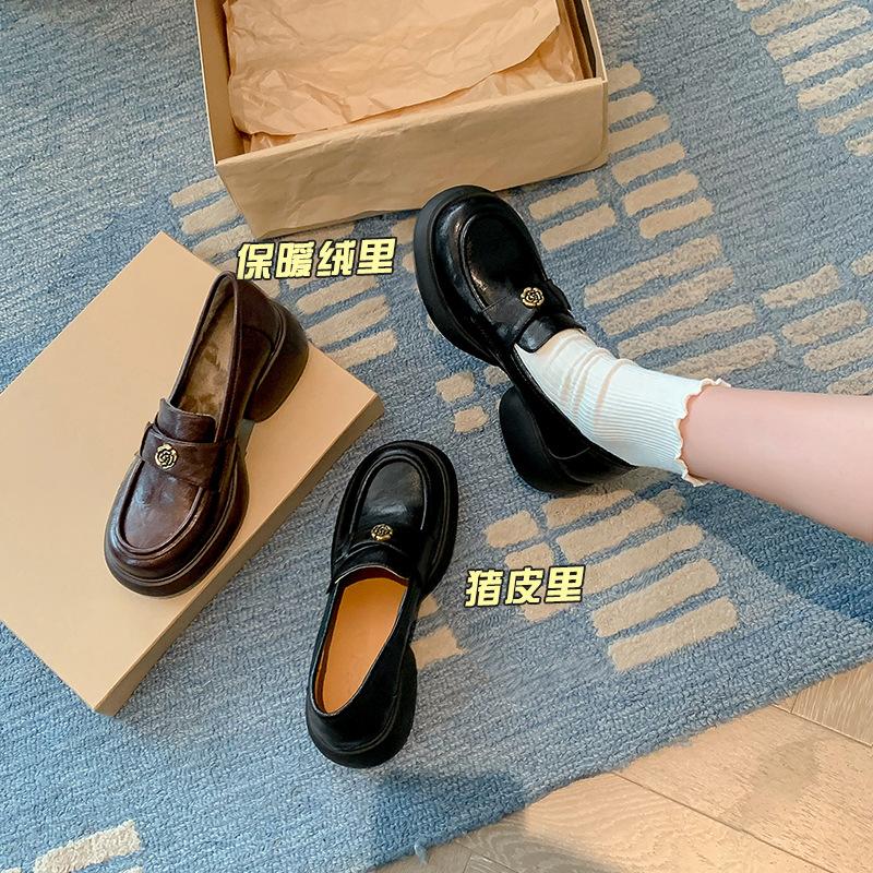 No Foot Grinding~ Thick-soled Deep-mouth Small Leather Shoes for Women, Spring 2025 Cowhide Camellia Loafers, Velvet Single Shoes for Women