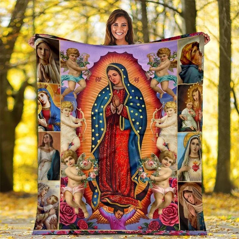 Our Lady of Guadalupe Pattern Flannel Throw Blanket Religion Mary Soft Cover Lightweight Warm for Bedroom Sofa Decor Kids Adults