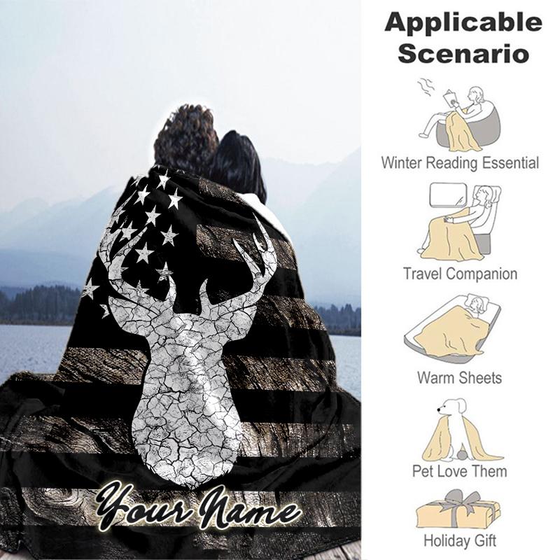 1PC Custom Name Deer Flag Art Flannel blankets Patterns Throw Blanket All-Season Soft Gift for Couch, Bed, Camping gifts