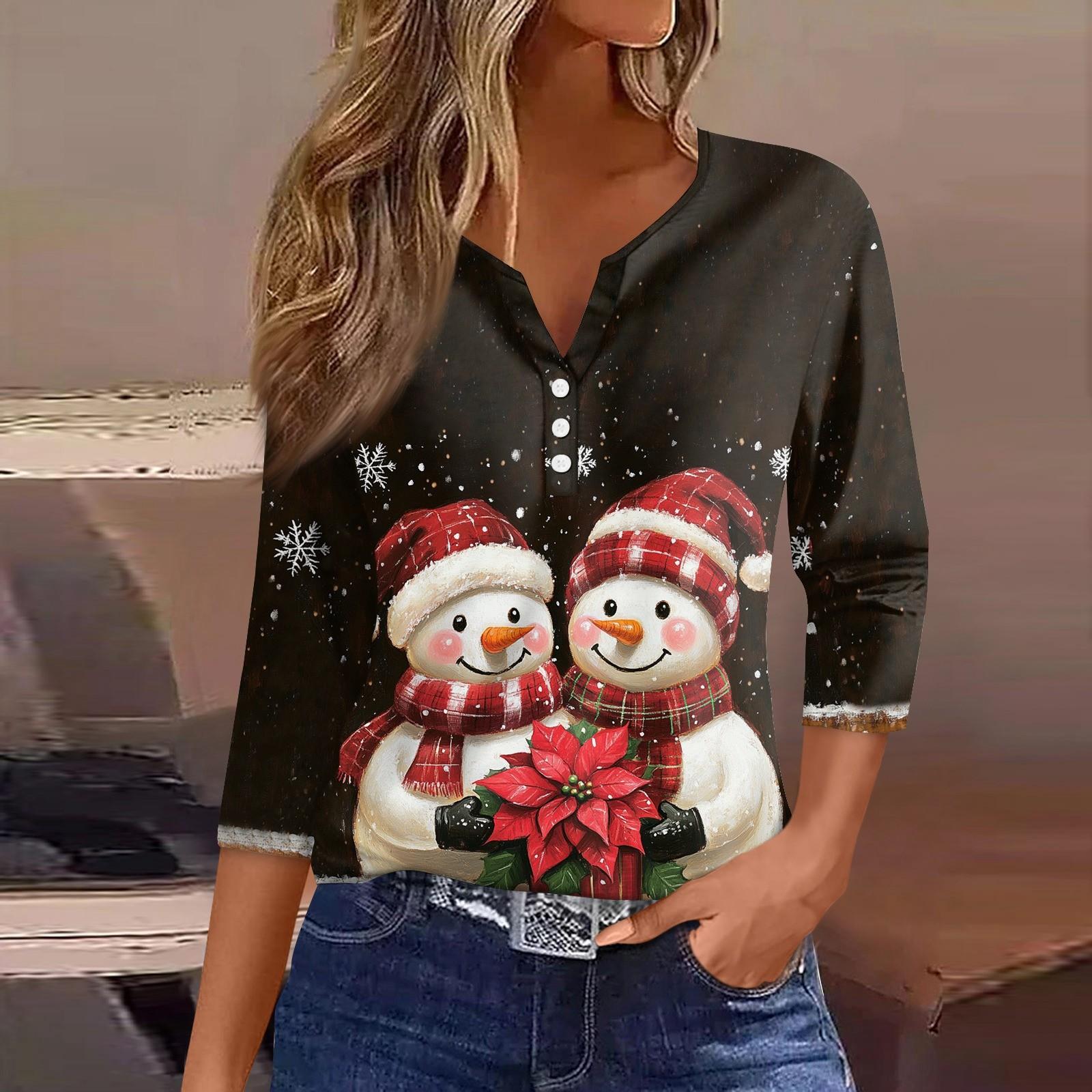 

Женская футболка с рождественским принтом, на пуговицах, рукав 3/4, повседневная мода на выходные, базовый топ с V-образным вырезом XXXL кофейный