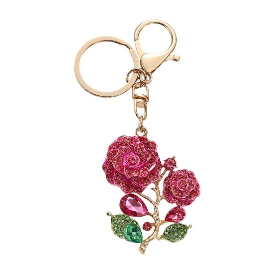 

Bling Rose Keychain for Women Rhinestone Flower Keyring Accessory Sparkling Bag Charm for Purse Handbag рожевий
