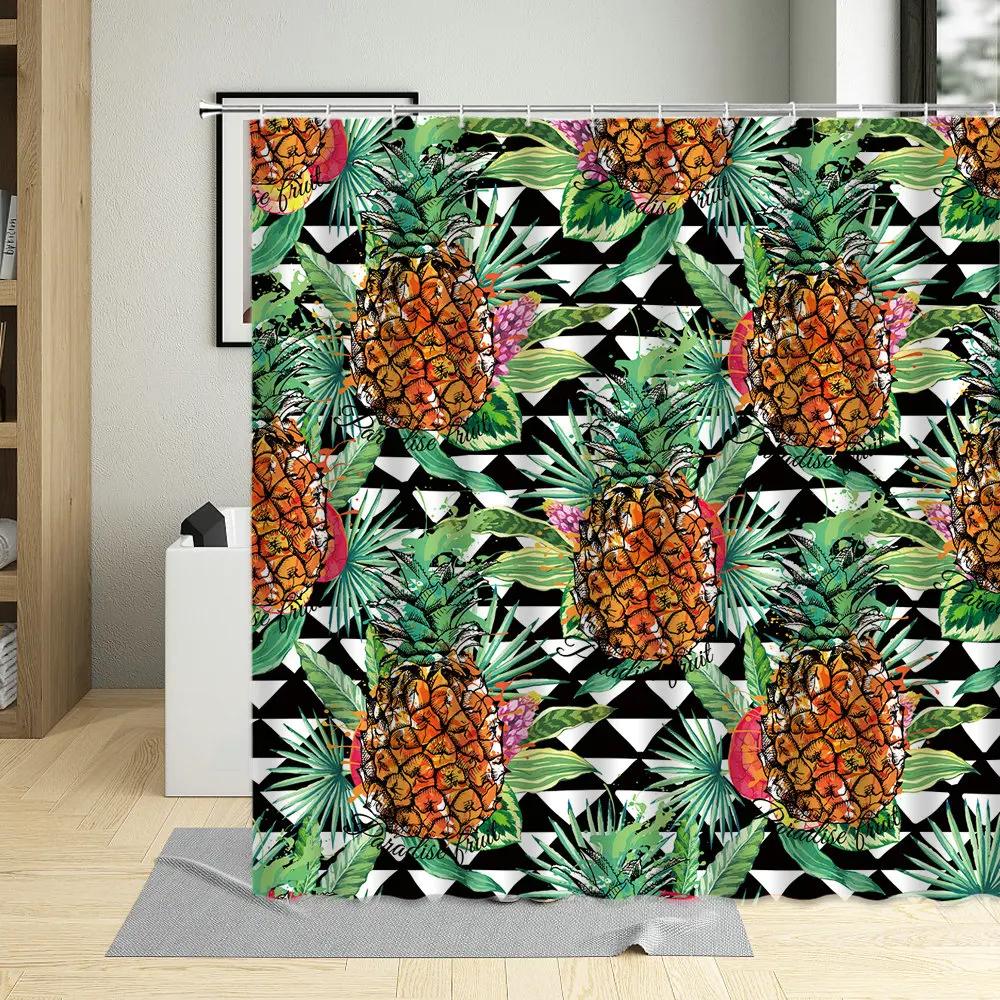Tropical Pineapple Shower Curtains Watercolor Fruit Leaves Palm Leaf Flower Plant Bath Curtain Sets Modern Fabric Bathroom Decor