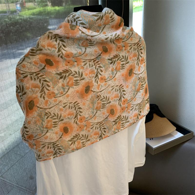 Small fresh floral silk scarf women's scarf sunscreen travel large shawl beach towel thin cotton and linen summer yarn