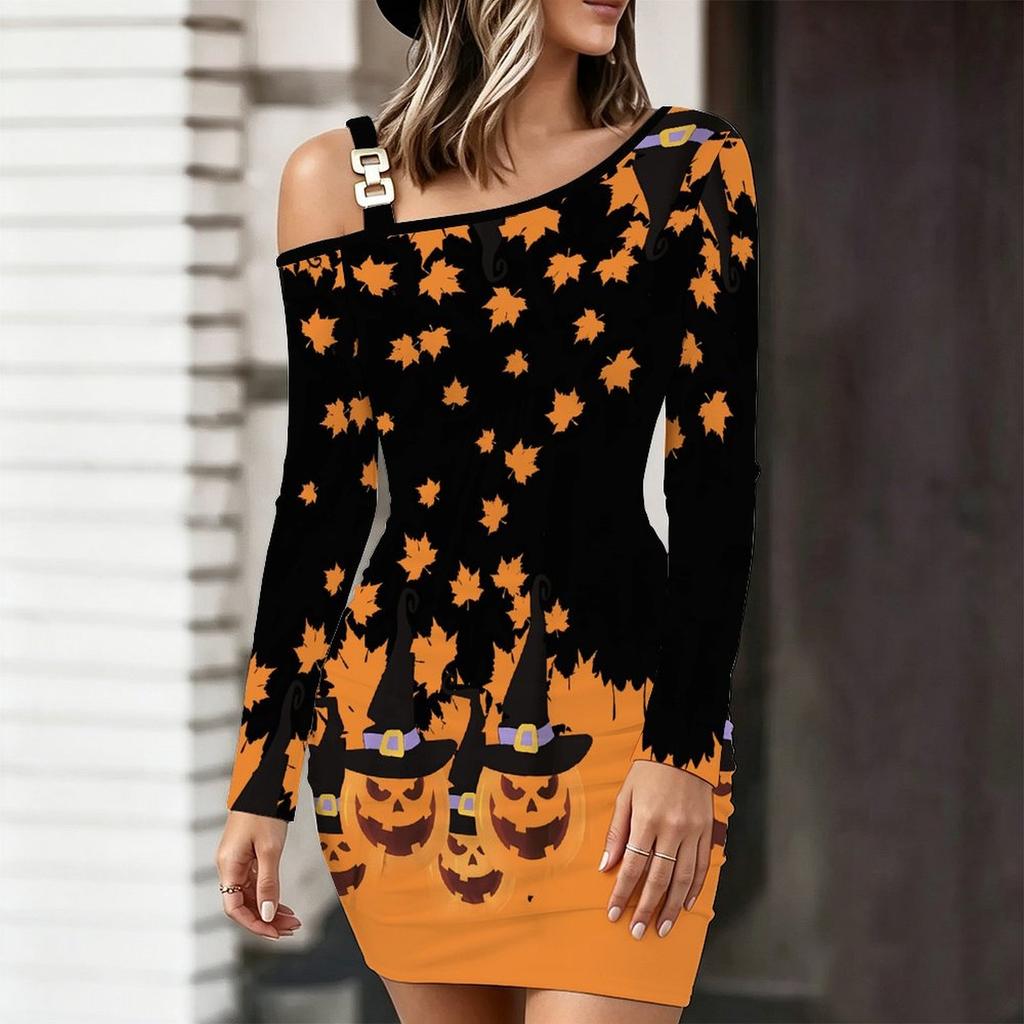 Women's One Shoulder Long Sleeve Bodycon Mini Dress, Skeleton Print Ruched Slim Fitting Party Dress