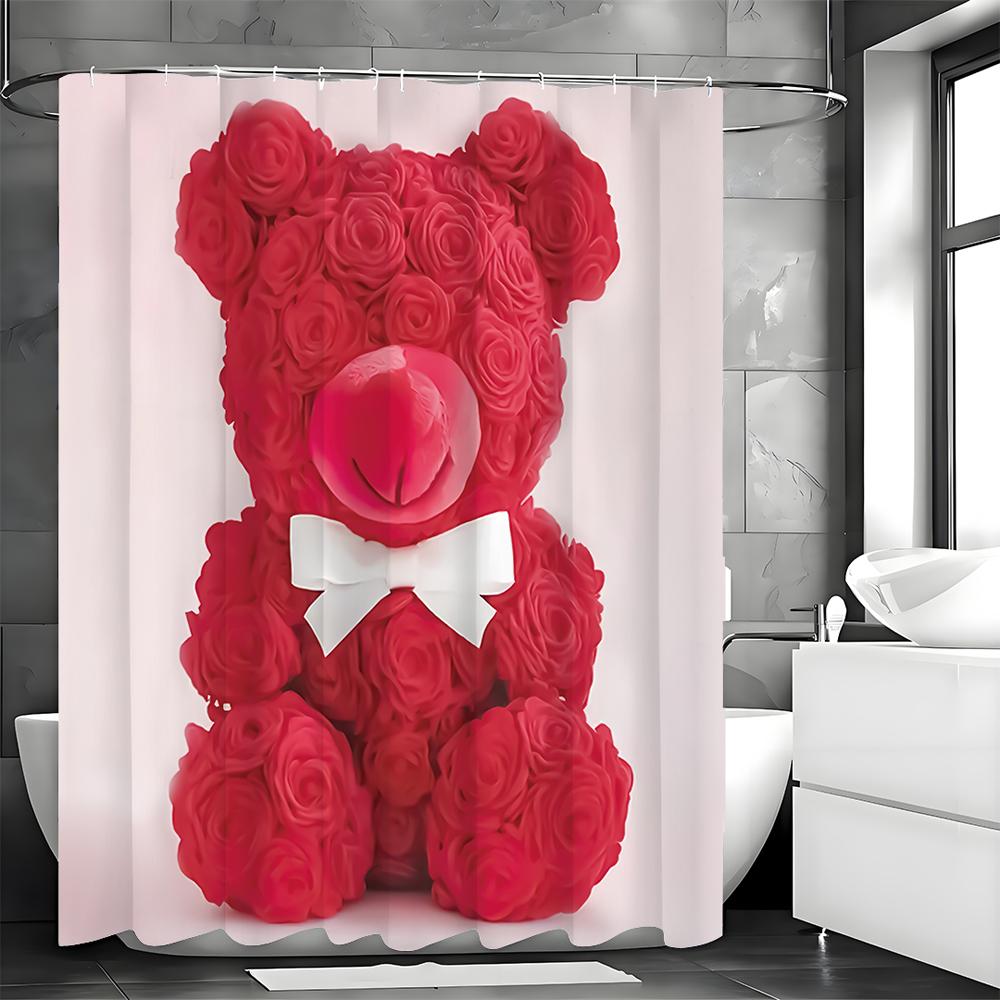 Red Rose Bear Shower Curtain, Bathroom Decorative Shower Curtain, Waterproof Shower Curtain with Hooks