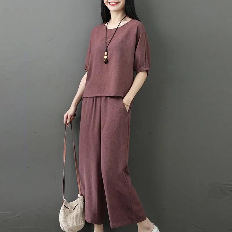 Loose Casual Two-piece Summer Mother Women's Fashion Suit Nine-point Pants Wide-leg Pants