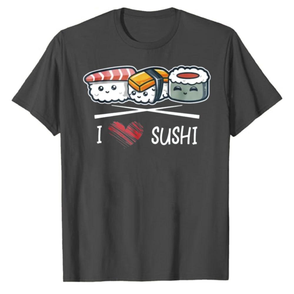 I Love Sushi Red Heart Cute Cartoon Nigiri Sushi Graphic Cotton Tshirt Food Lover Retro Streetwear Short Sleeve Daily Casual Tee
