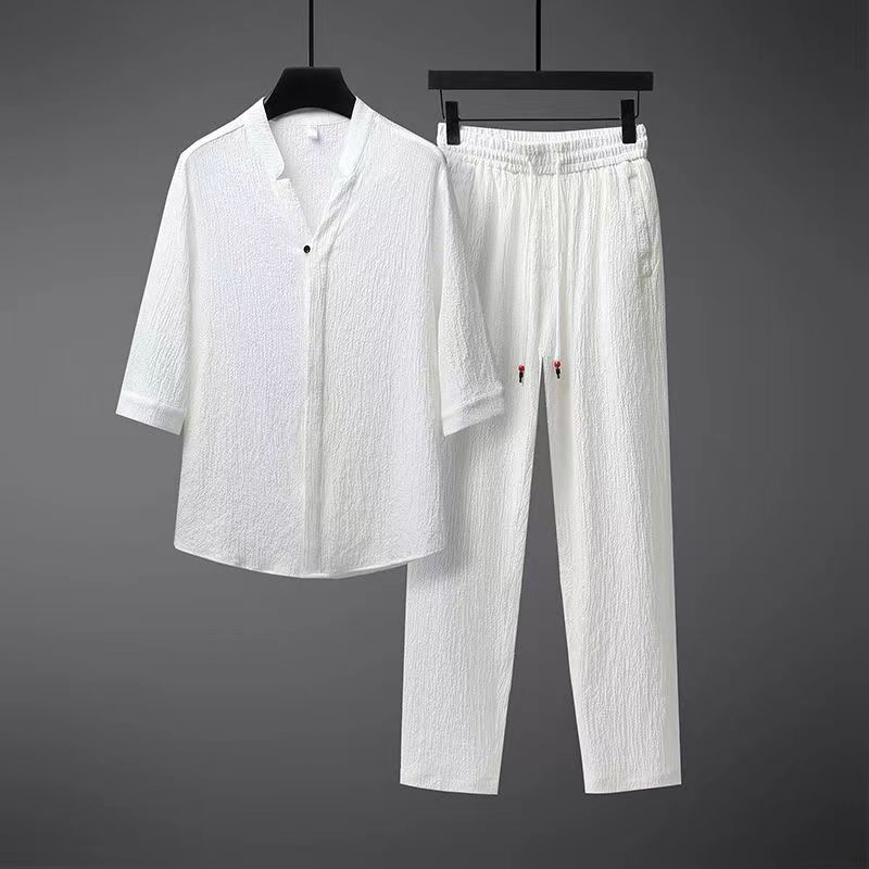 Chinese Style Shirts + Pants Summer Cotton Linen Sportswear Men s Casual Sets Spring Summer Male Trousers S белый
