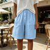 Women's Casual Loose Fit Color Mid-Length Shorts with Elastic Waistband and Button Pockets