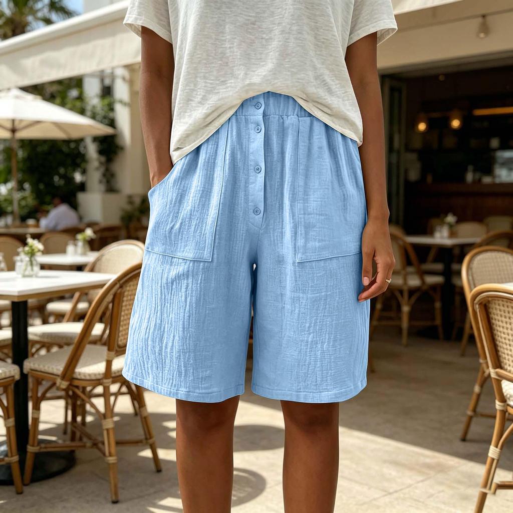 Women's Casual Loose Fit Color Mid-Length Shorts with Elastic Waistband and Button Pockets