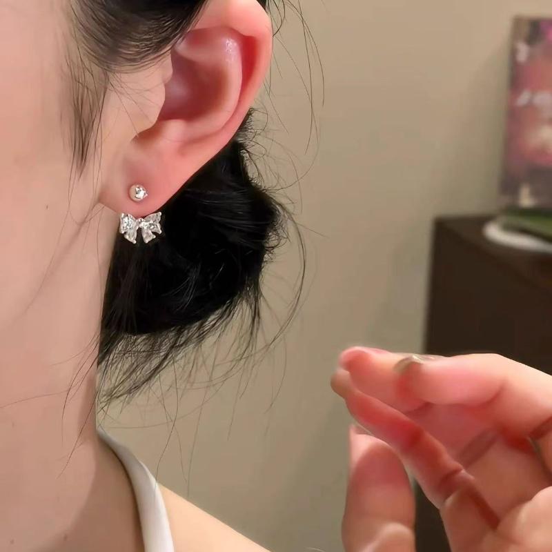 Silver Color Zircon Bowknot Stud Earrings For Women Minimalist Cute Fashion Jewelry Detachable Accessories