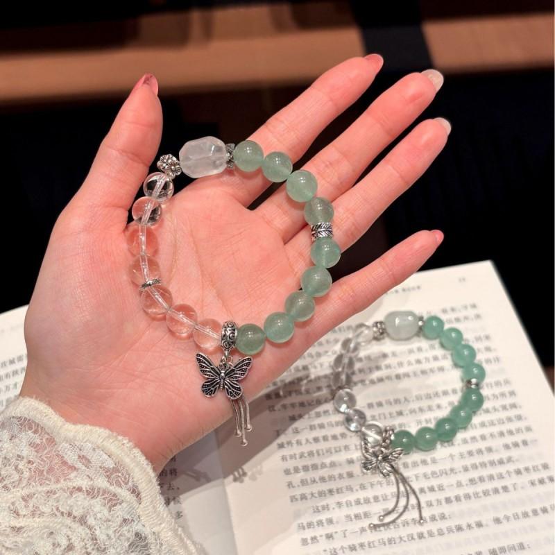 Handmade Natural White Quartz Green Strawberry Crystal Butterfly Tassel Bracelet Women Vintage Cool Aesthetic 9mm Round