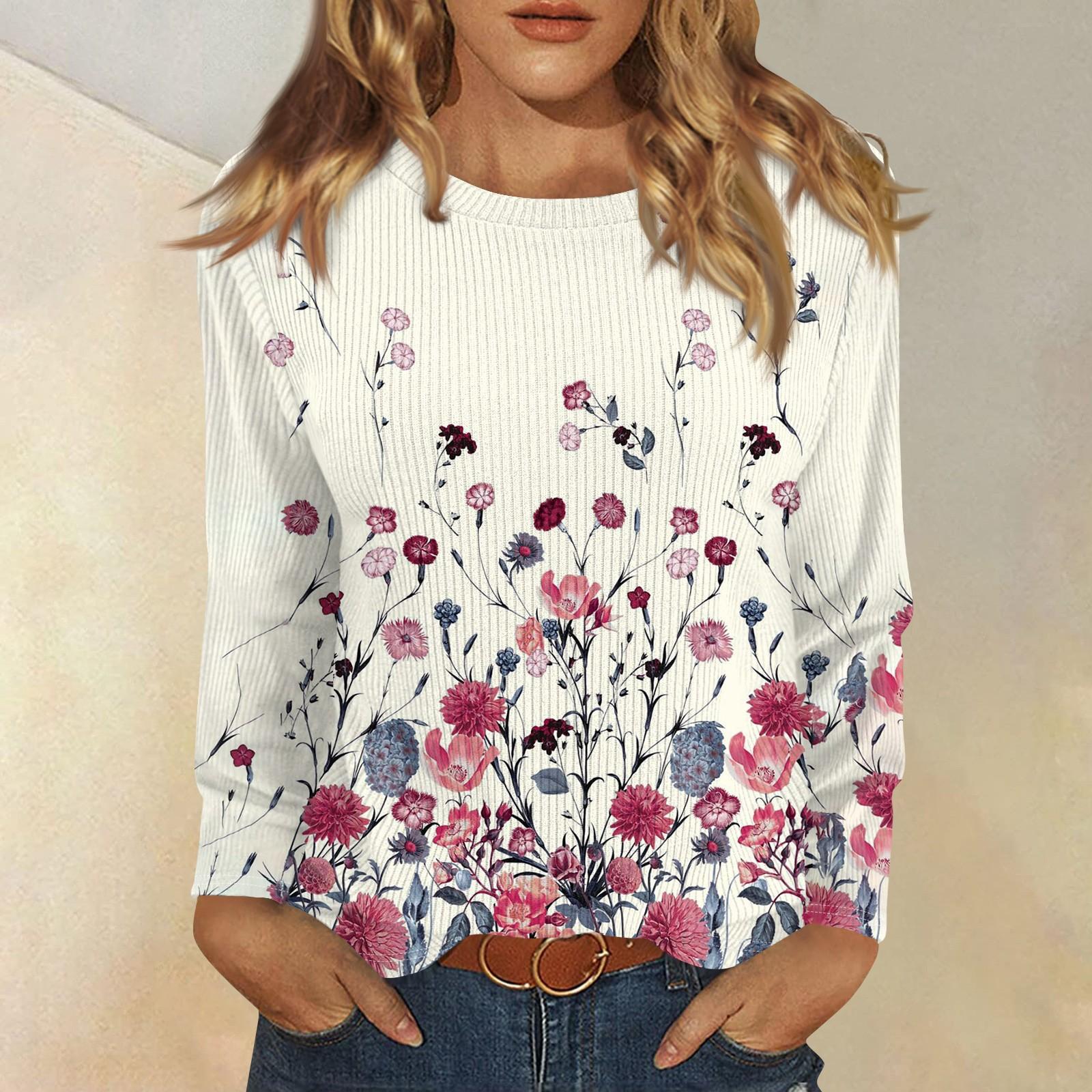 

Длинные рукава топы для женщин футболка повседневные принты топы футболка круглый вырез пуловер блузка L бежевый