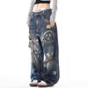 Mens Washed Denim Straight Leg Jeans With Distressed Ink Print Casual Vintage Style